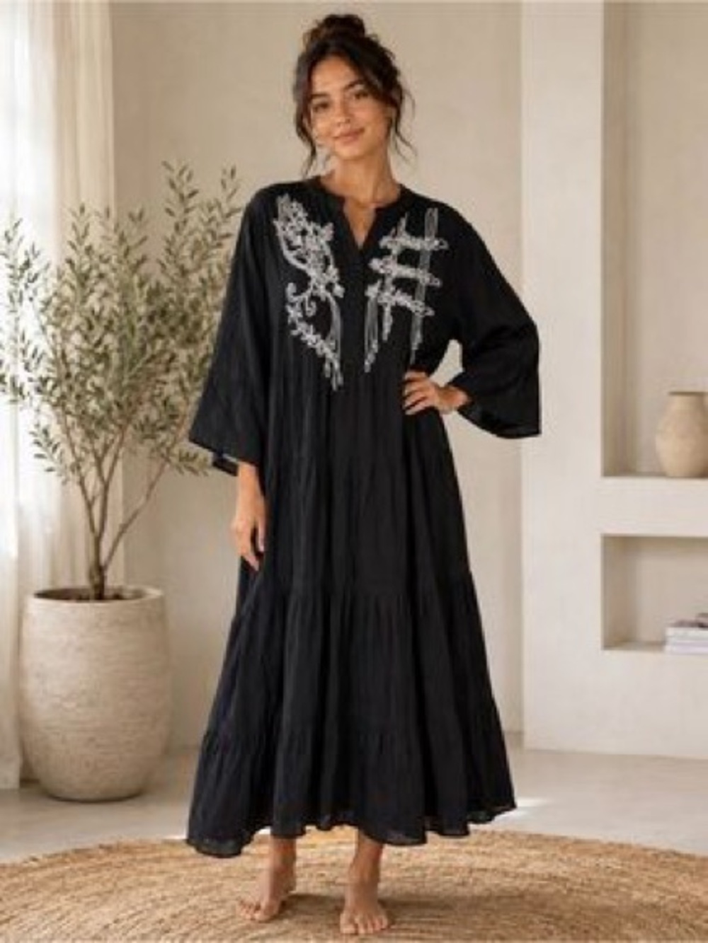 POL Black Maxi Dress with White Embroidery